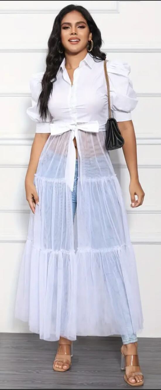 NWT White Button Up Collar Sheer Mesh Shirt Dress Optic White MEDIUM